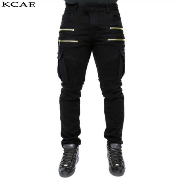 

men jeans 2016 new clothing denim biker men skinny jeans runway distressed slim elastic hiphop washed black306r, Blue
