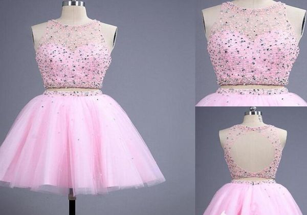 

2022 pink color homecoming dresses two pieces stones beaded sequins sheer neckline open back tulle short prom dress party go3954013, Blue;pink