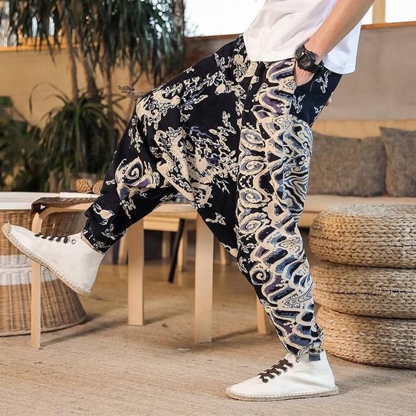 

drop crotch printing joggers trausers men harem pants fashion streetwear hip hop baggy m-3xl wide leg nine-points men's298z, Black