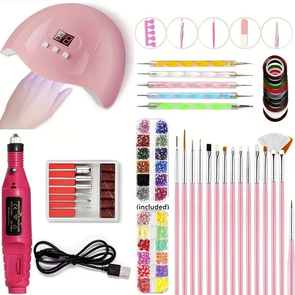 

54w uv led nail lamp starter kit - polishing machine, point drill, brushes & printer - perfect for home salon nail art diy