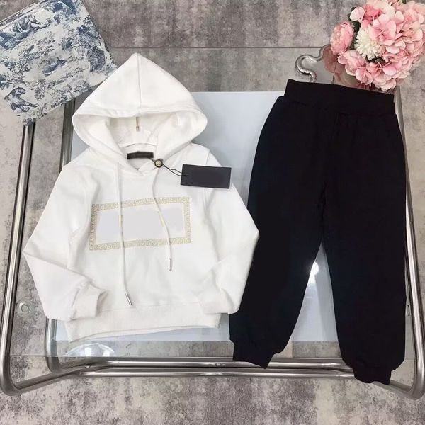 

western style plus velvet padded hooded sweater trousers suit for boys and girls luxury designer letters long sleeve hooded children's, White