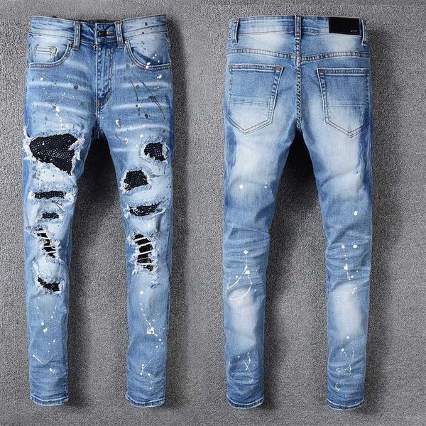

luxury mens jeans rhinestone crystal patchwork light blue ripped jeans skinny stretch denim pants hip hop men2974
