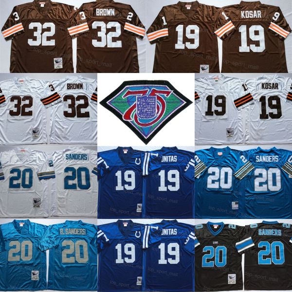 

1994 retro football 20 barry sanders jersey 32 jim brown 19 bernie kosar 1964 1986 vintage 19 johnny unitas white blue all stitched 75th ann, Black;red