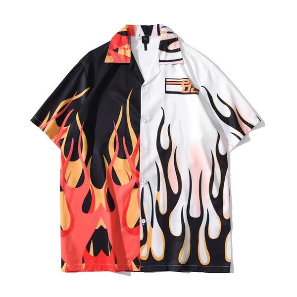 

summer mens vintage black white patchwork shirt man flame printed hawaiian beach harajuku oversized male short sleeve men's c2548, White;black