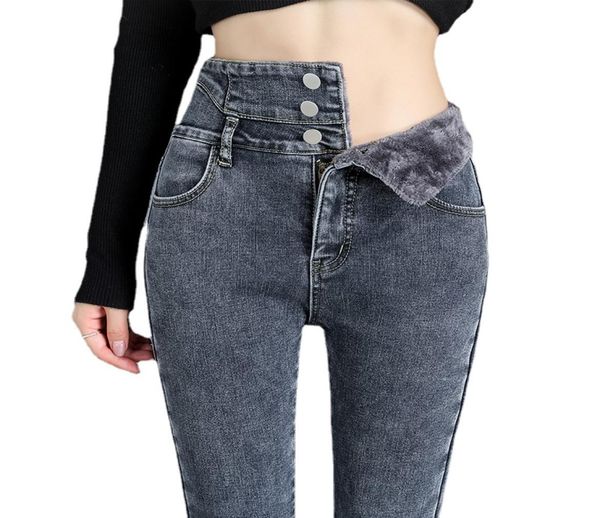 

winter thick velvet women high waist skinny jeans simple fleece warm slim fit stretch ladies casual denim pencil pants mom casual 1695790, Blue