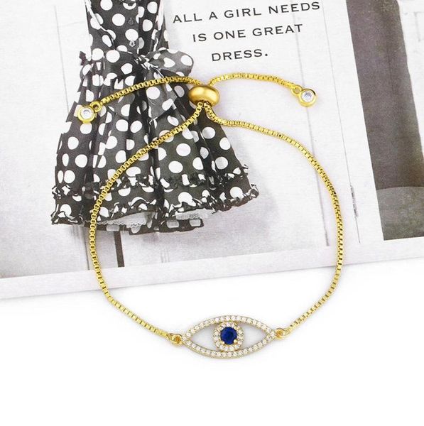 

stylish simple style bling white cz pave color evil eye gold charms adjustable link braclet for women dainty gift20219729316, Golden;silver