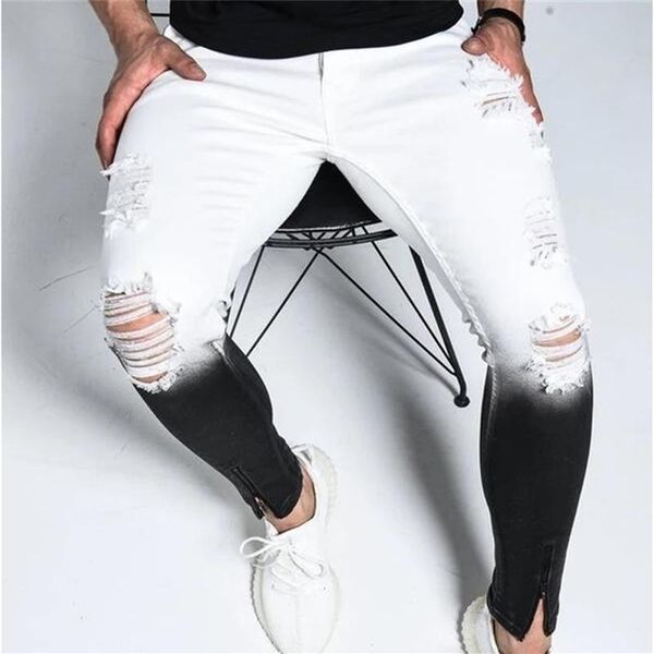 

new summer mens skinny jeans men ripped skinny jeans hole destroyed frayed slim fit denim pant with zipper pencil pants trousers l268w, Blue