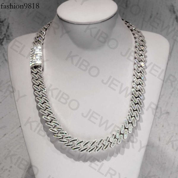 

fine jewelry hip hop gold plated diamond iced out miami sterling sier vvs moissanite baguette cuban link chain necklace, Silver