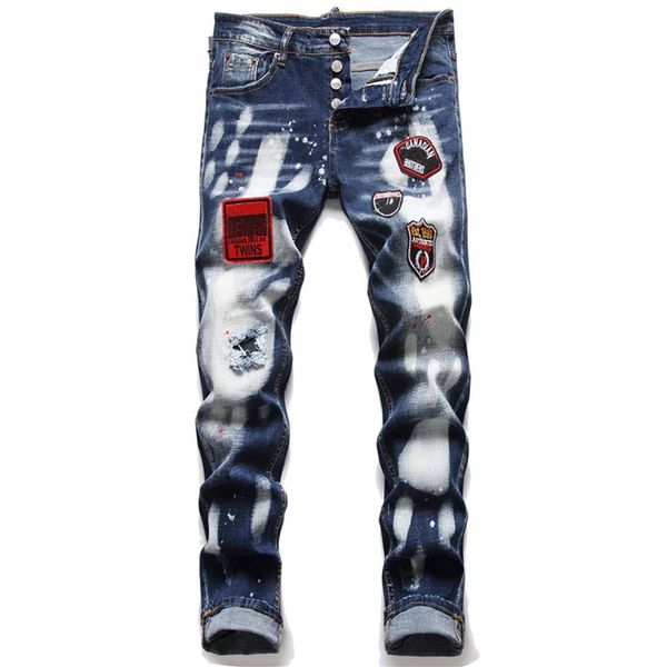 

men slim fit straight leg jeans stretchy ripped badge skinny men's denim pants 5-pocket regular cotton jean destroyed hole cl306h, Blue
