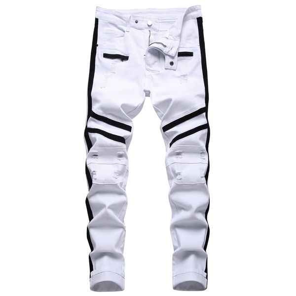 

men's jeans punk men zipper hip hop slim fit white bike elastic split denim pants cotton fashion casual jogging male clothing 230811, Blue