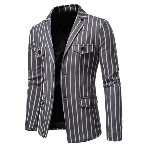 

2020 new flat collar men's blazers casual single breasted fashion striped mens blazer jacket autumn multiple pockets blazer m269o, White;black