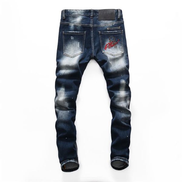 

pink paradise plein classic fashion man jeans rock moto mens casual design ripped jeans distressed skinny denim biker plein jeans 281o, Blue