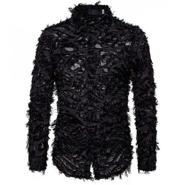 

black feather lace shirt men 2020 fashion brand nightclub singer mens dress shirts event party prom camisa social masculina240z, White;black