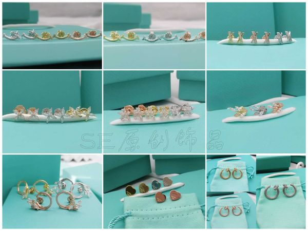 

trendy tiffay 925 silver love smiling face earstuds enamel blue heart diamond earrings leaf x-shaped gift, Slivery;golden