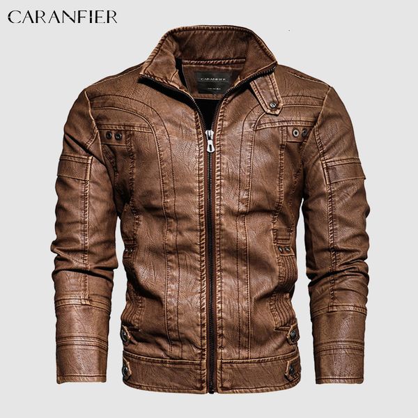 

men's jackets caranfier pu leather jacket male locomotive fleece winter coats faux biker racing outerwear zipper stand collar chaquetas, Black;brown