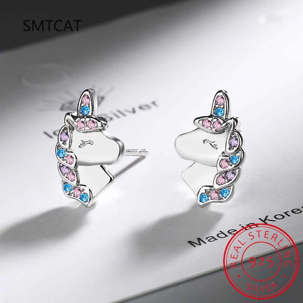 

925 sterling silver rainbow colorful zircon cute unicorn stud earring for women girl party jewelry gift female pendientes