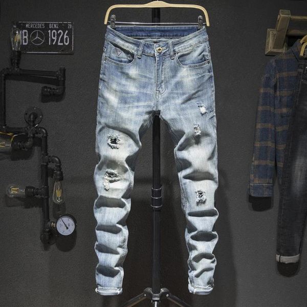 

mens jeans holes frayed hiphop ripped light blue stretch slim leg streetwear distressed moto biker jeans male denim pants247o