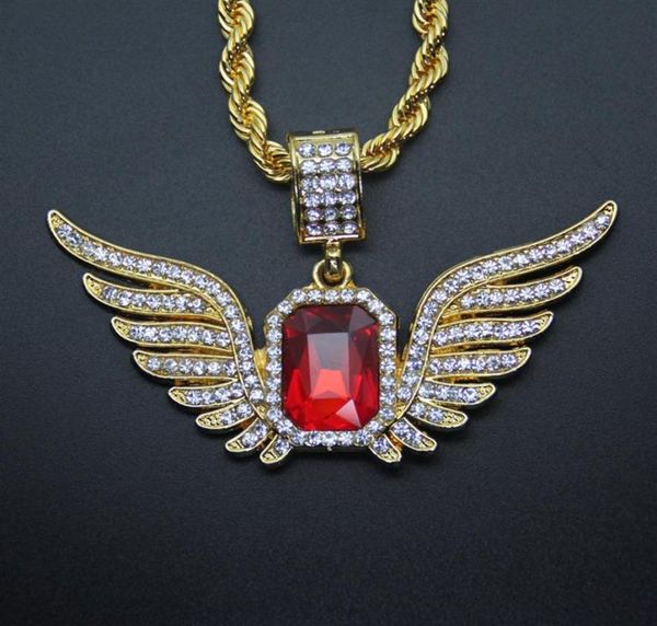 

hip hop angel wings with big red ruby pendant necklace for men women iced out jewelry306a2313373, Silver