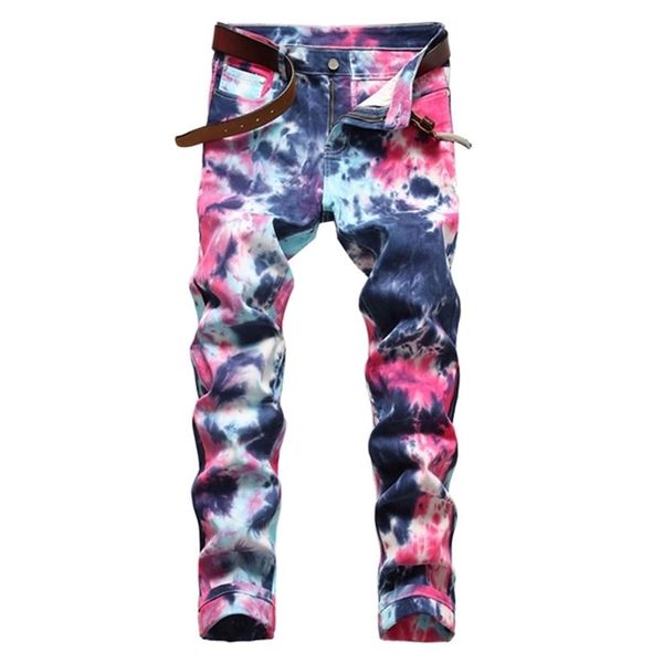 

camouflage jeans for men fancy color tie dye print jeans 2021 spring fashion slim straight stretch denim pants painted trousers x0304r, Blue