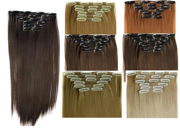 

6pcsset synthetic clip in hair extensions straight 24inch 140g synthetic clip on hair extensions more colors5930233, Black;brown