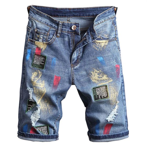 

mens fashion embroidery jeans colored painted denim shorts summer holes ripped slim straight male pants239g, Blue
