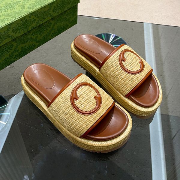 

crochet flatform slides woven chunky mule slipper straw platform sandals for women fashion thick bottom flip flops summer beach slider, Black