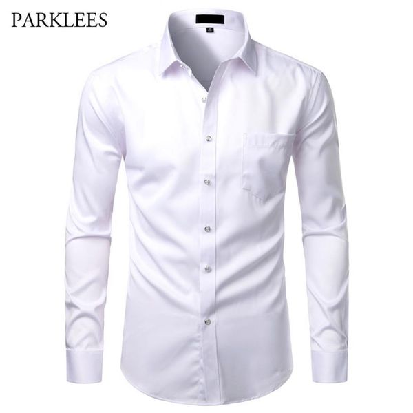 

white mens bamboo fiber shirts casual slim fit button up dress shirts men solid soical shirt with pocket formal business camisas274k, White;black