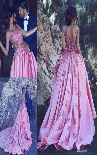 

said mhamad fashion pink appliqued prom dress v neck long backless satin formal evening party gown custom made plus size1145597, Black