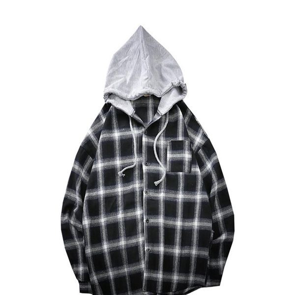 

e-baihui 2021 fashion new spring and summer hooded plaid shirts men's korean leisure youth thin jacket japanese long sleeve s283s, White;black