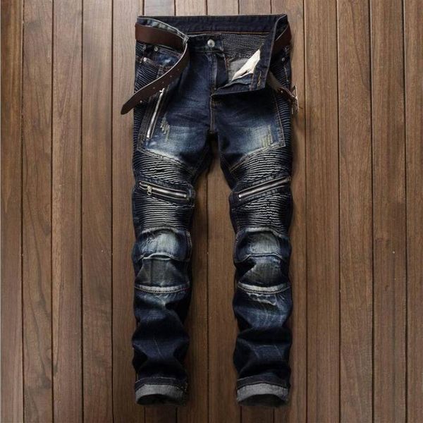 

men's distressed ripped skinny jeans fashion mens jeans slim motorcycle moto biker causal mens denim pants hip hop men jeans318k, Blue