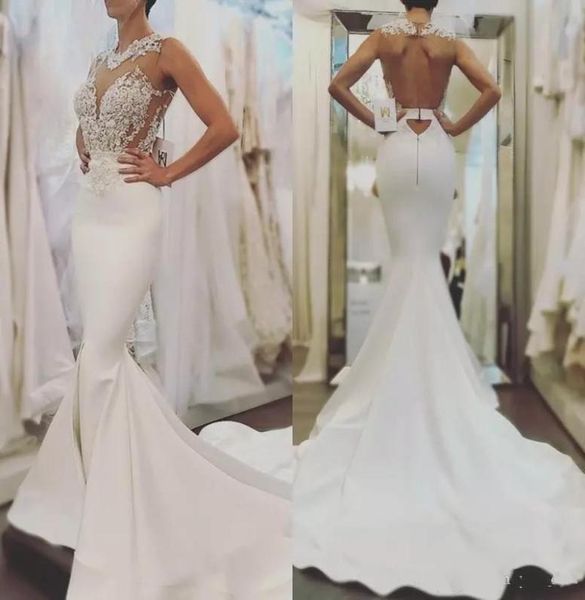 

new arrival luxurious mermaid wedding dresses illusion jewel neck lace appliques beaded satin backless court train plus size brida2276935, White