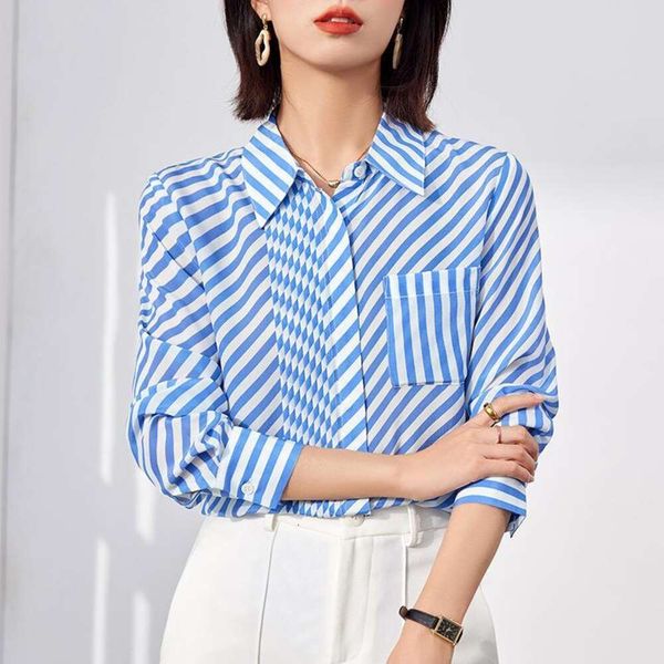 

blue striped womens spring style long sleeved shirt, White