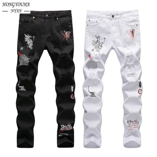 

men's pants embroidery letters white jeans for mens spring autumn black ripped cowboy character zipper denim hip hop trousers male 2308