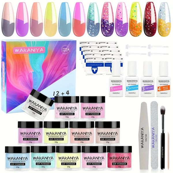 

12 colors color changing dip powder nail kit - essential liquid set with base & coat, activator brush, and saver for french nail art manicur