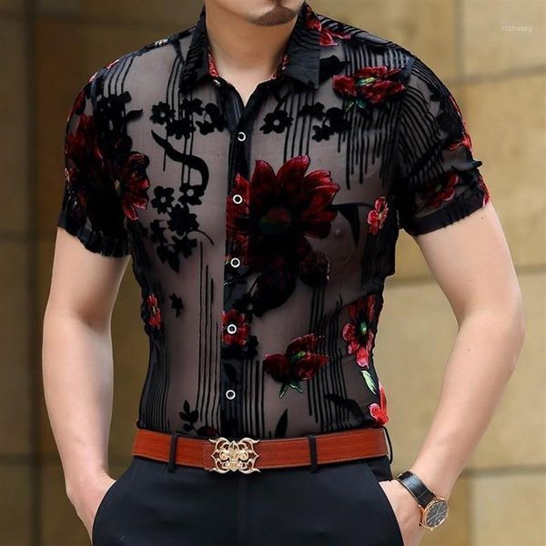 

men's casual shirts floral transparent shirt men summer club party short sleeve chemise homme red flower see through lace cam268i, White;black