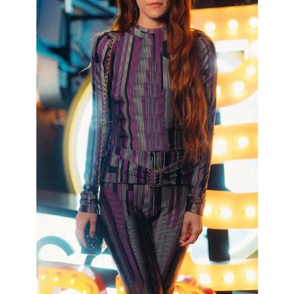 

8.12 fashion striped letter print long sleeve blouse & shirt or chains buckle leggings or midi skirt women's sets, White