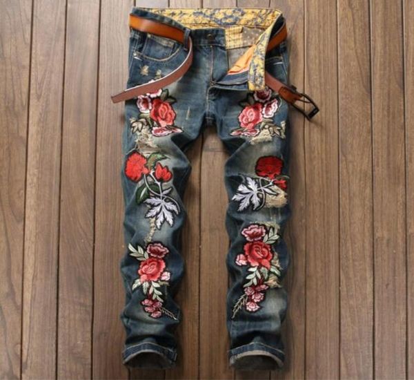 

embroidery floral tiger bird print design mens ripped jeans slim denim pencil pants hommes blue straight biker jean long trousers3526155