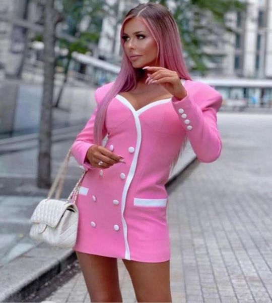 

women winter long sleeve v neck black pink duoble breasted lady dress 2020 designer elegant evening party dress vestidos1490988, Black;gray