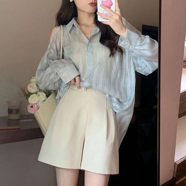 

sea salt french style shirts off the shoulder womens design sense niche lazy blue casual shirt, White