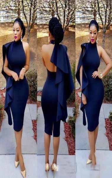 

navy blue cocktail dresses knee length stylish african women formal prom party wear high neck ruffles short evening gown 20193473276, Black