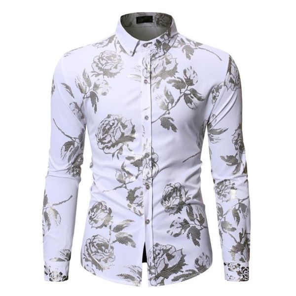 

white rose floral shirt men chemise homme 2020 fashion slim fit long sleeve mens dress shirts party business casual men shirt225b, White;black