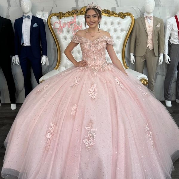 

luxury glittering pink off-shoulder quinceanera dresses applique beads vestidos de 15 anos birthday party ball gown corset, Blue;red