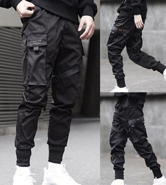

men ribbons color block black pocket cargo pants 2019 harem joggers harajuku sweatpant hip hop trousers f12103250015