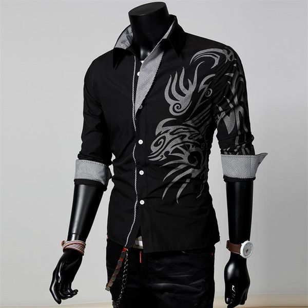 

men male fashion long sleeve european style tattoo dragon printed shirt silm fit shirt 4 colors214w, White;black