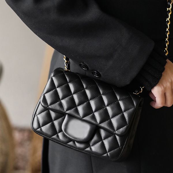 

10a mirror quality designer shoulder bag 17cm chain strap handbag plaid purses double letter solid buckle sheepskin caviar pattern women&#03