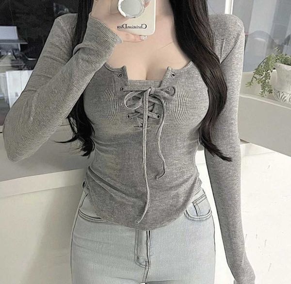 

women t shirts beige korean fashion girls t-shirt long sleeves tied up slim waist u neck rib cotton elastic knitted 9097, White