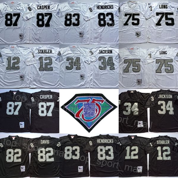 

1974 1976 1987 retro football 12 ken stabler jersey 34 bo jackson 75 howie long 82 ai davis 83 ted hendricks 87 dave casper 75th anniversary, Black;red