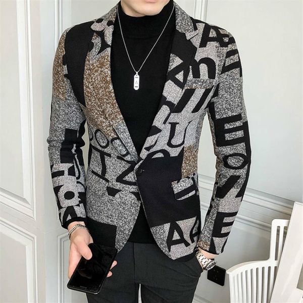 

letter print wool woolen blazer men winter men blazer casual suit jacket slim fit party club wedding social blazer homme 220310286o, White;black