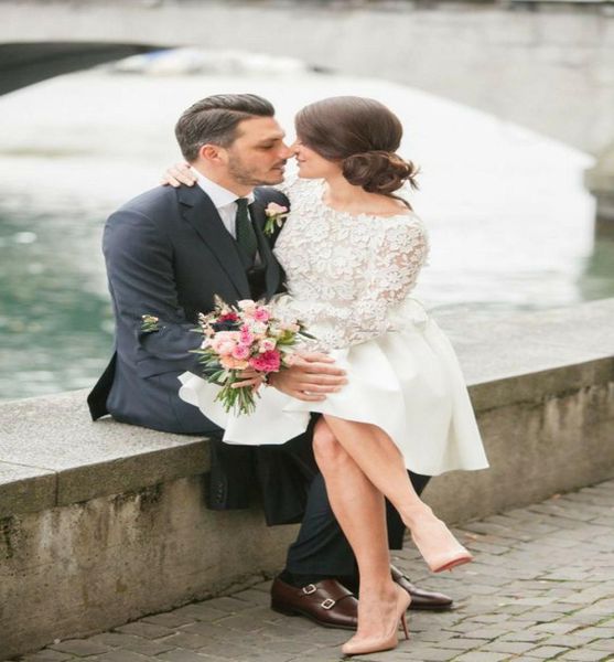 

modest knee length short long sleeve lace wedding dresses 2019 modern bridal gowns scoop a line garden satin knee length fashionab2557613, White