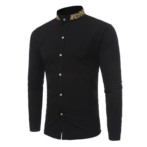 

men's new fashion casual personality wheat ear embroidery stand collar shirt autumn winter male long sleeve shirt3515, White;black